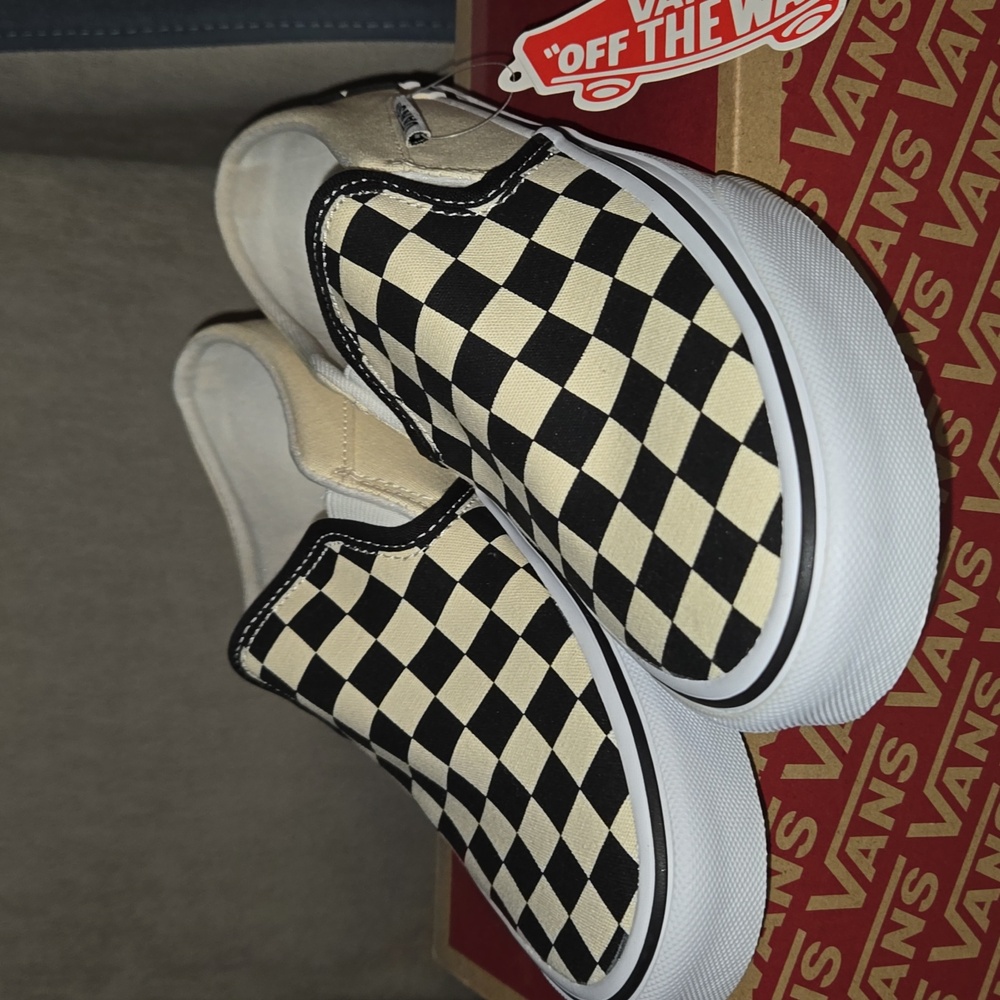 Vans Black and Cream Checkerboard Slip-Ons
